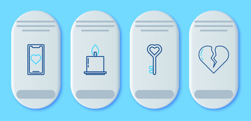 Poster - Set line Burning candle, Key heart shape, Mobile phone with and Broken or divorce icon. Vector
