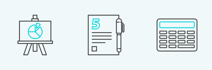 Poster - Set line Calculator, Chalkboard with diagram and Test exam sheet and pen icon. Vector