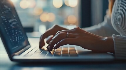 Poster - Businesswoman Typing on Laptop with Elegant Hands in Close-up View