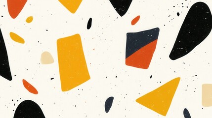 Poster - Abstract terrazzo pattern with orange, yellow, and black shapes on a beige background.