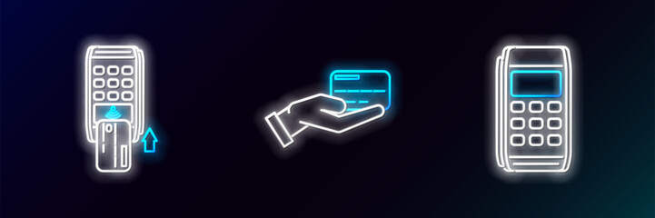 Poster - Set line Pos terminal, with inserted credit card and Human hand holding icon. Glowing neon. Vector