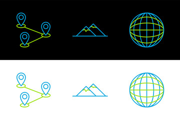 Poster - Set line Earth globe, Route location and Mountains icon. Vector