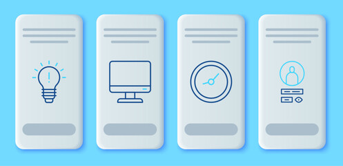 Fototapete - Set line Computer monitor screen, Clock, Light bulb with concept of idea and Create account icon. Vector