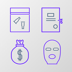 Wall Mural - Set line Thief mask, Money bag, Lawsuit paper and Evidence and bullet icon. Vector