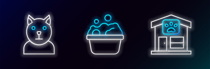 Poster - Set line Pet grooming, Cat and Pets bath icon. Glowing neon. Vector