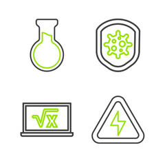 Poster - set line high voltage, square root of x glyph, shield protecting from virus and test tube and flask 