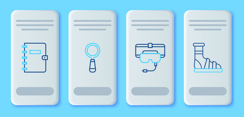 Poster - Set line Magnifying glass, Virtual reality glasses, Spiral notebook and Slippers with socks icon. Vector