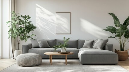 Wall Mural - Modern Living Room Interior Design with Grey Sectional Sofa and Plants