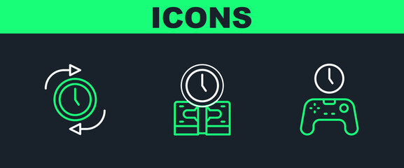 Poster - Set line Gamepad of time, Clock with arrow and Time is money icon. Vector