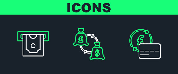 Poster - Set line Credit card, ATM and money and Currency exchange icon. Vector