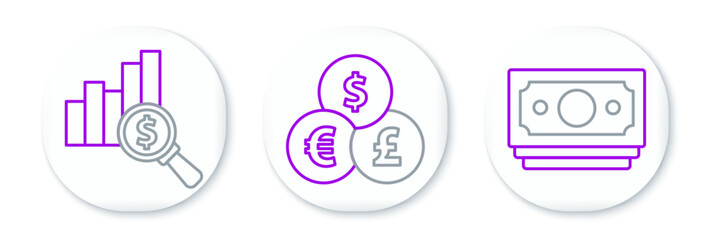 Poster - set line stacks paper money cash, pie chart and dollar and currency exchange icon. vector