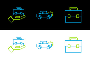 Poster - Set line Briefcase, Hand holding briefcase and Car icon. Vector