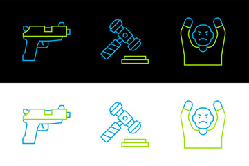 Poster - Set line Thief surrendering hands up, Pistol or gun and Judge gavel icon. Vector