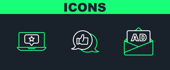 Poster - Set line Advertising, Laptop with star and Customer product rating icon. Vector
