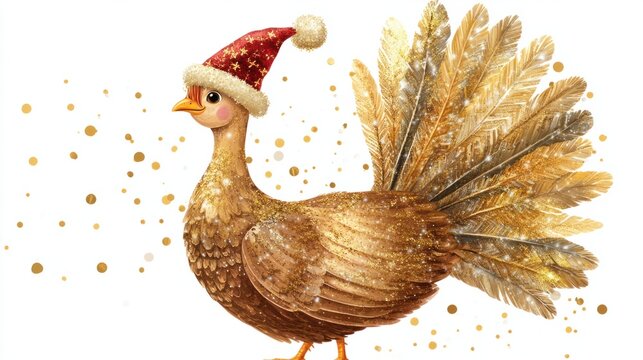 A cartoon turkey adorned with golden, shimmering feathers and a cute festive hat, perfect for holiday themes, on white