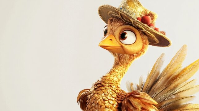 A cartoon turkey adorned with golden, shimmering feathers and a cute festive hat, perfect for holiday themes, on white