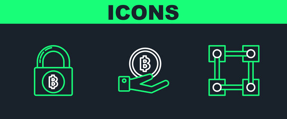 Poster - Set line Blockchain technology, Lock with bitcoin and Hand holding Bitcoin icon. Vector
