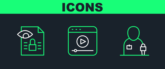 Poster - set line journalist news, journalistic investigation and live stream icon. vector