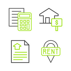 Poster - set line location key, house contract, with dollar and calculator icon. vector