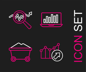 Poster - set line financial growth, coal mine trolley, laptop with graph chart and search data analysis icon.