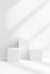 Poster - A minimalist composition featuring three white geometric shapes against a bright, shadowed wall.