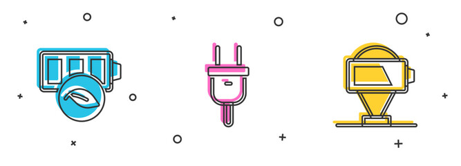 Poster - set eco nature leaf battery, electric plug and battery charge icon. vector
