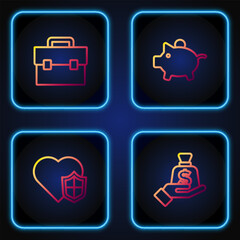 Poster - set line money in hand, life insurance with shield, briefcase and piggy bank. gradient color icons. 