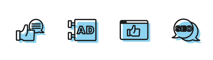 Poster - Set line Customer product rating, , Advertising and SEO optimization icon. Vector
