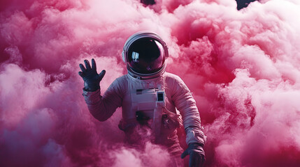 Wall Mural - an astronaut stands amid swirling pink smoke, symbolizing exploration and the curiosity of outer spa
