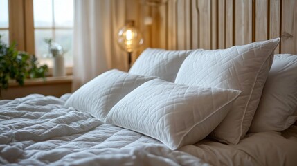Poster - Soft, white cushions rest on a neatly made bed, showcasing a tranquil bedroom filled with natural light. The warm ambiance fosters a sense of comfort and peace, ideal for relaxation