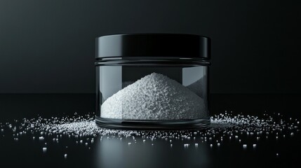 Poster - A finely textured white crystal substance rests elegantly inside a sleek glass jar, with scattered grains surrounding it on a dark surface, capturing a sense of minimalist beauty