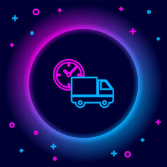 Fototapete - Glowing neon line Logistics delivery truck and clock icon isolated on black background. Delivery time icon. Colorful outline concept. Vector
