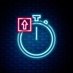Poster - Glowing neon line Stopwatch icon isolated on brick wall background. Time timer sign. Chronometer sign. Colorful outline concept. Vector
