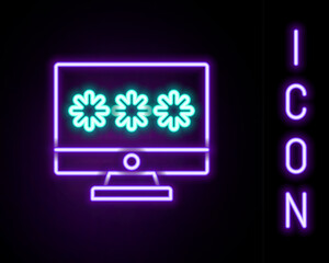 Poster - Glowing neon line Monitor with password notification icon isolated on black background. Security, personal access, user authorization, login form. Colorful outline concept. Vector
