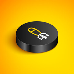 Poster - Isometric line Rocket launcher with missile icon isolated on yellow background. Black circle button. Vector