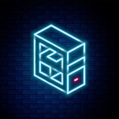 Fototapete - Glowing neon line Computer icon isolated on brick wall background. PC component sign. Colorful outline concept. Vector