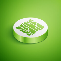 Poster - isometric folded map icon isolated on green background. white circle button. vector
