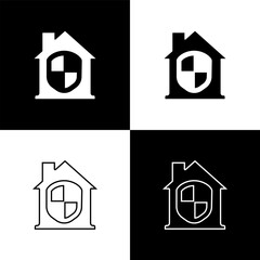 Poster - Set House under protection icon isolated on black and white background. Home and shield. Protection, safety, security, protect, defense concept. Vector