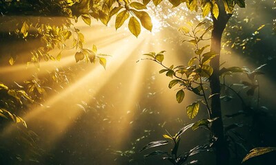 Wall Mural - a serene forest scene with sunlight filtering through leaves, creating a warm, ethereal atmosphere