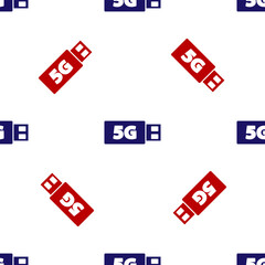 Poster - Blue and red 5G modem for fast mobile Internet icon isolated seamless pattern on white background. Global network high speed connection data rate technology. Vector