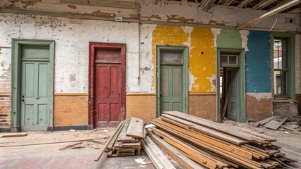 Poster - A backdrop of wall sections revealing old paint colors with discarded baseboards piled up highlighting the story of the apartments transformation.