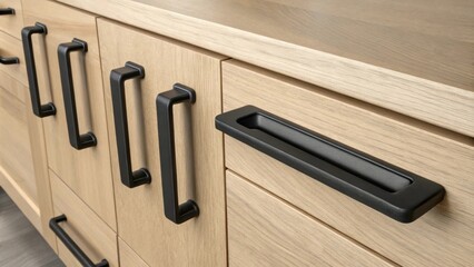 Aufkleber - Various recessed cabinet handles in matte black finish displayed in a neat line showcasing their minimalist design against a light oak surface.