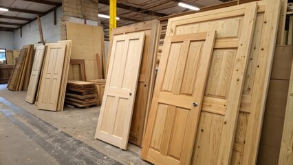 Poster - Unpainted wooden doors stacked in a haphazard manner some slightly ajar revealing the raw interior and exposing the natural wood fibers.