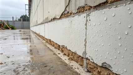 Aufkleber - Vertical shot of a fresh concrete patch on a wall with hints of white plaster and exposed insulation peeking out from the edges.