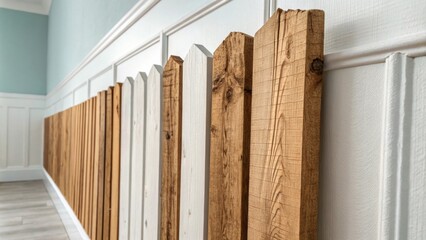 Fototapete - The unfinished edges of the wooden slats revealing their raw natural surfaces juxtaposed against a freshly painted wall in a soft neutral hue.