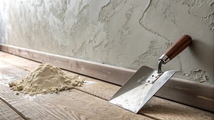 Poster - The texture of a newly plastered wall captured in rich detail with a stainless steel trowel polished by the work lying adjacent to a small pile of plaster.