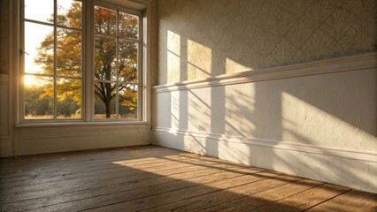 Poster - The sundrenched corner of a room featuring a fresh drywall patch glowing under natural light with shadows creating an artistic play of contrasts on the smooth surface.
