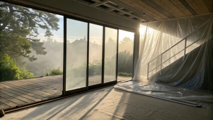 Fototapete - The sliding glass door stands on a sloped floor surrounded by protective plastic sheeting while dust motes float in the sunlight filtering through the clear glass.