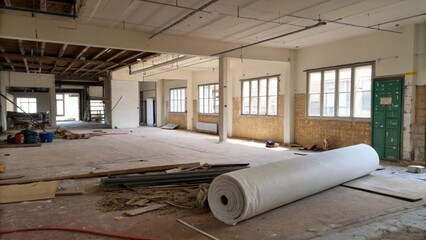 Aufkleber - The interior of an unfinished room where a roll of protective fabric is sprawled across a collection of discarded construction materials waiting for the work to commence.