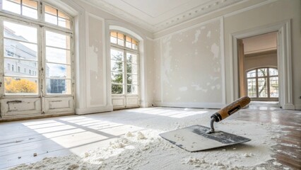 Aufkleber - The interior of a bright and airy room with a freshly plastered wall where a trowel rests on the floor surrounded by tered splashes of white plaster.